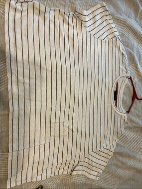 Lane Bryant Off-White Short-Sleeve Crewneck Tee with Navy Stripes